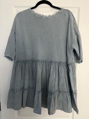 easel Light Blue Frayed Neck Short Sleeve Top